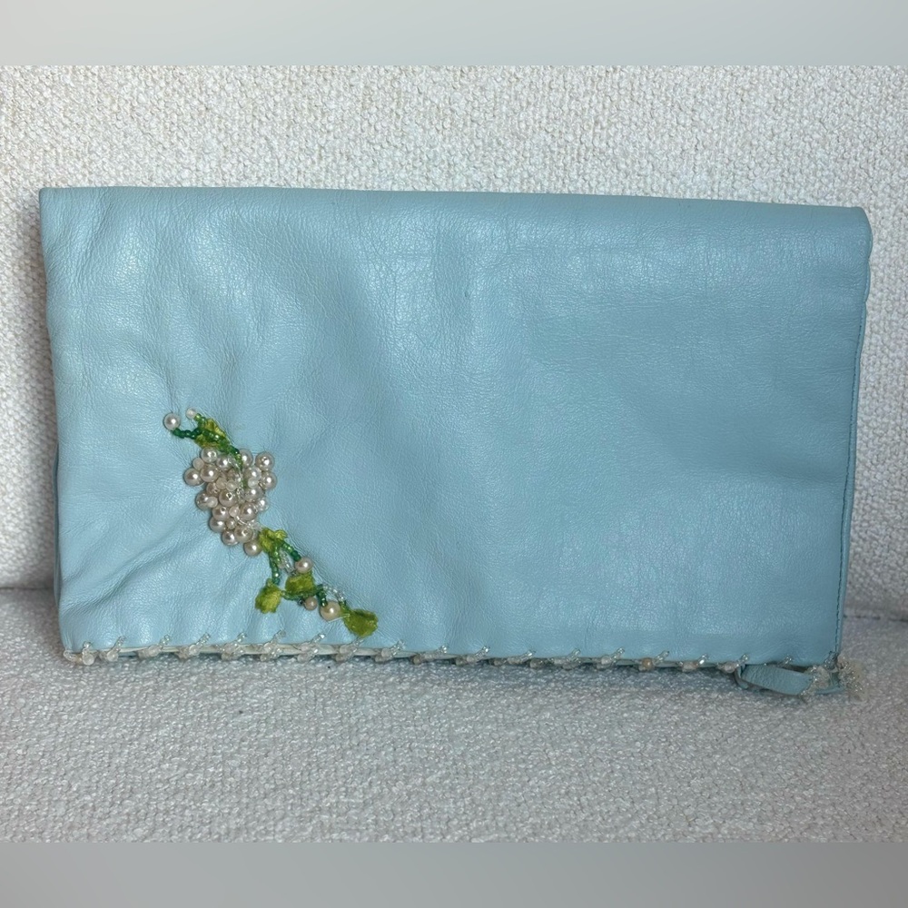 Vintage Mary Ellen Elegant Light Blue Leather Clutch with Pearl Embellishments
